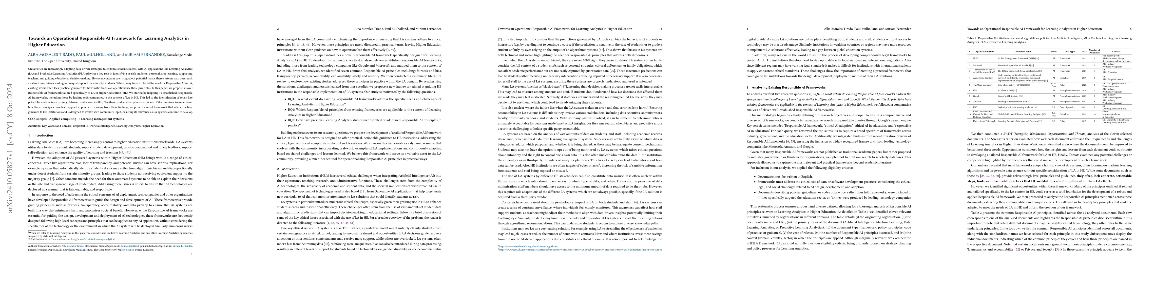 Thumbnail for Towards an Operational Responsible AI Framework for Learning Analytics
  in Higher Education