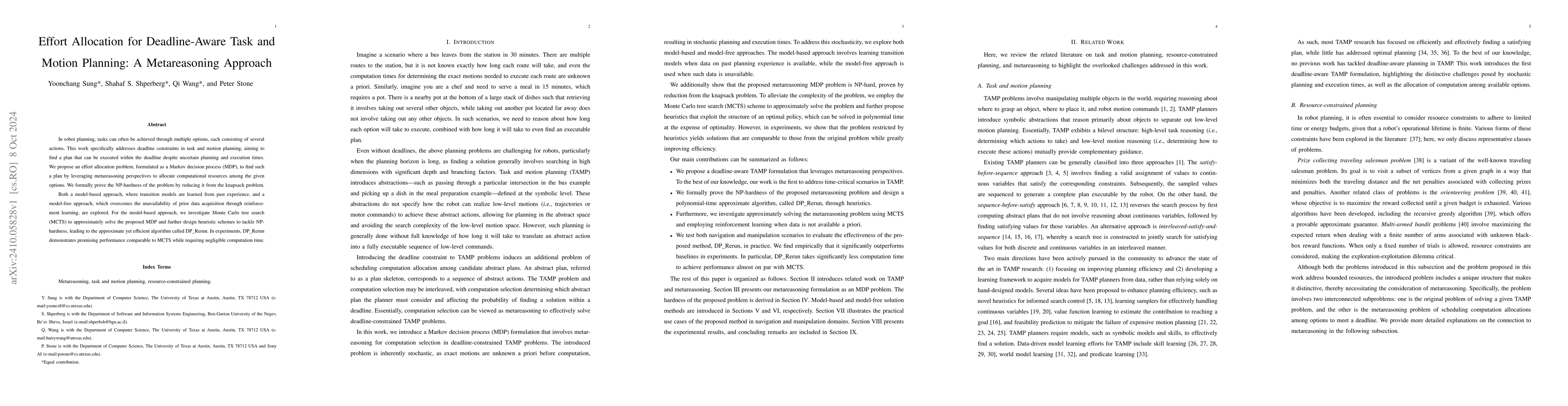 Thumbnail for Effort Allocation for Deadline-Aware Task and Motion Planning: A
  Metareasoning Approach
