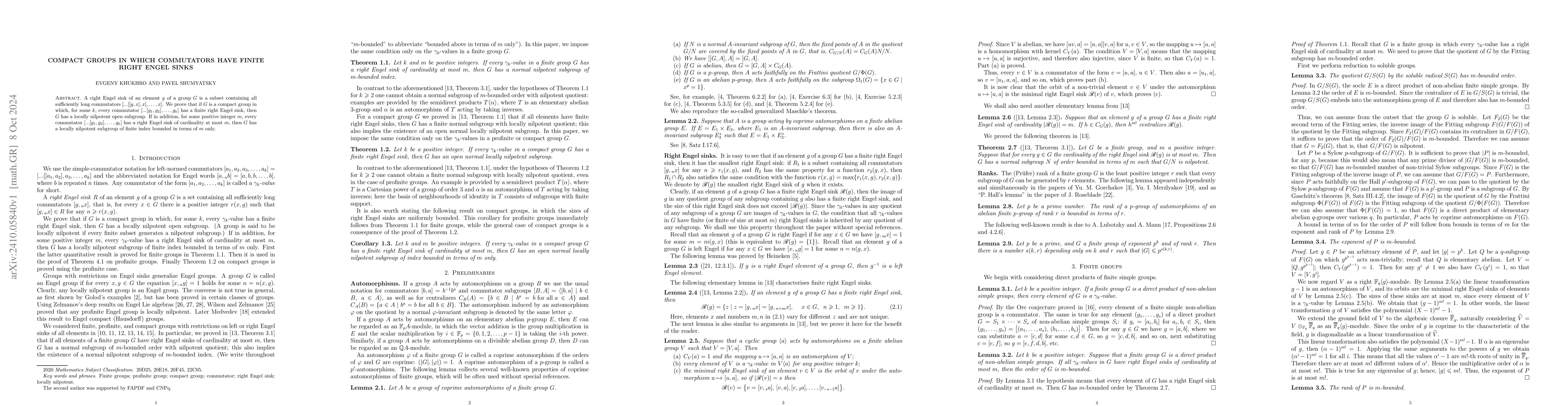 Thumbnail for Compact groups in which commutators have finite right Engel sinks