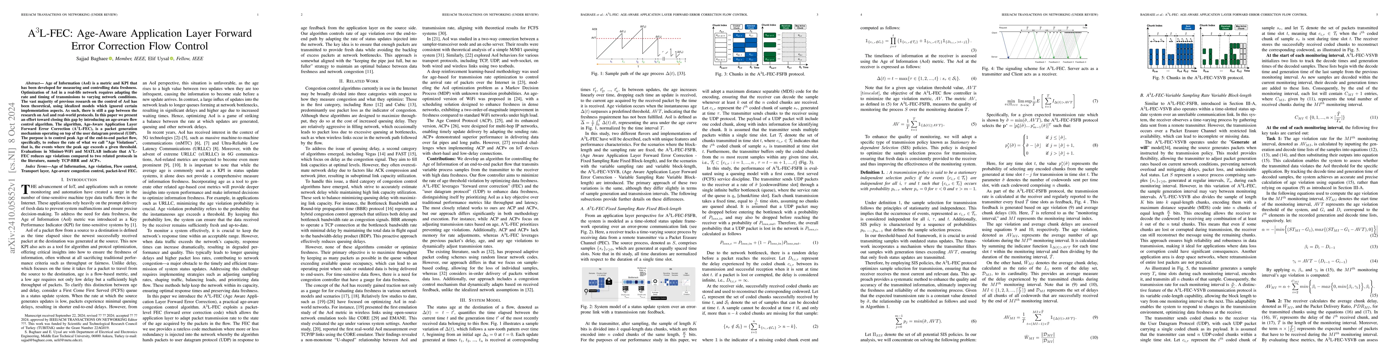 Thumbnail for A$^3$L-FEC: Age-Aware Application Layer Forward Error Correction Flow
  Control