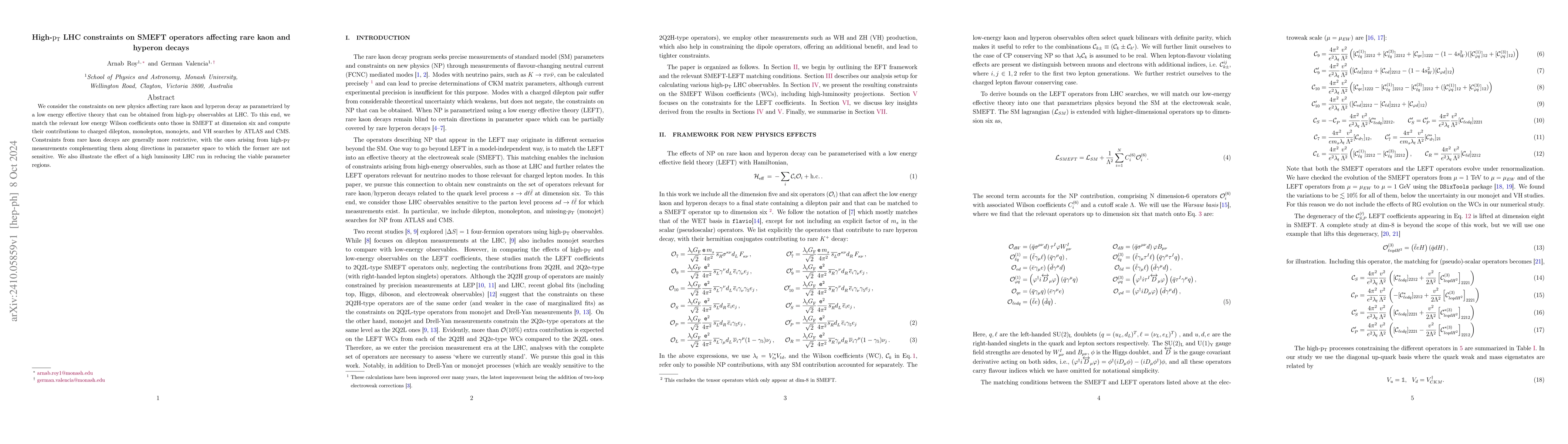 Thumbnail for High-$\rm{p_T}$ LHC constraints on SMEFT operators affecting rare kaon
  and hyperon decays