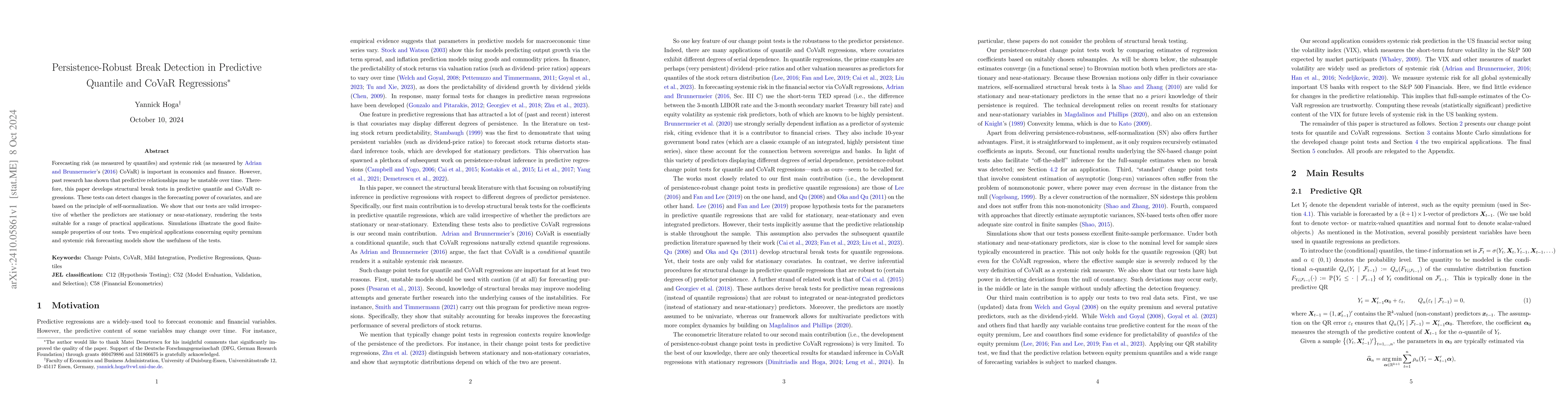 Thumbnail for Persistence-Robust Break Detection in Predictive Quantile and CoVaR
  Regressions
