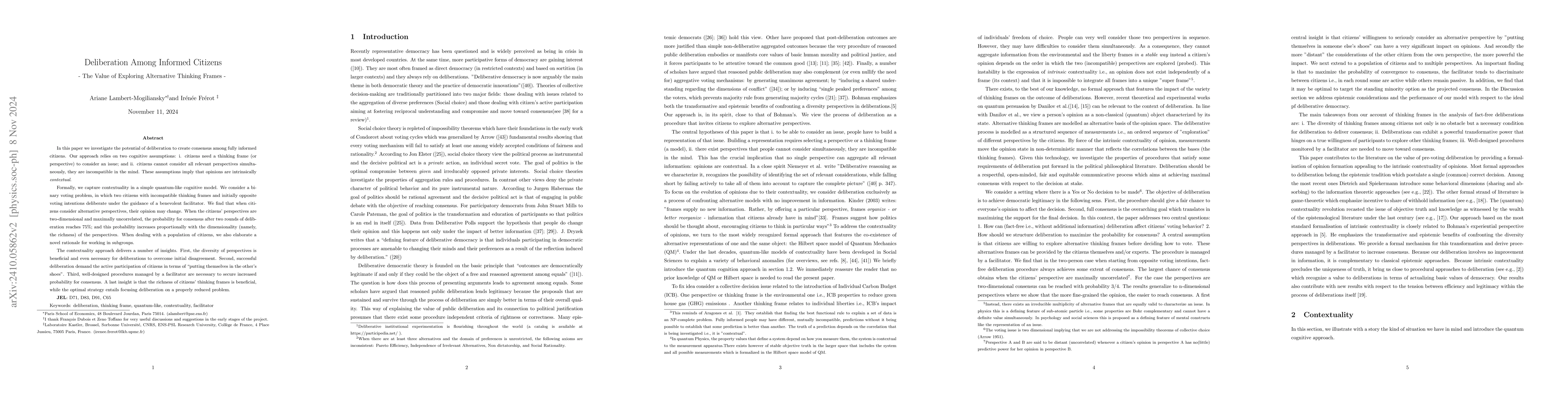 Thumbnail for Deliberation Among Informed Citizens: The Value of Exploring Alternative
  Thinking Frames