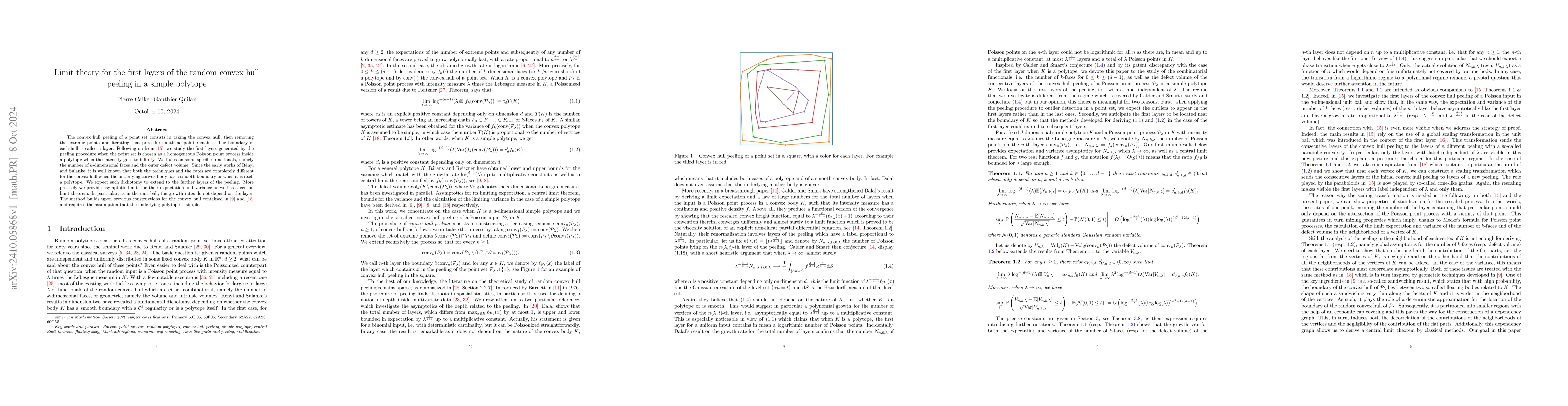 Thumbnail for Limit theory for the first layers of the random convex hull peeling in a
  simple polytope