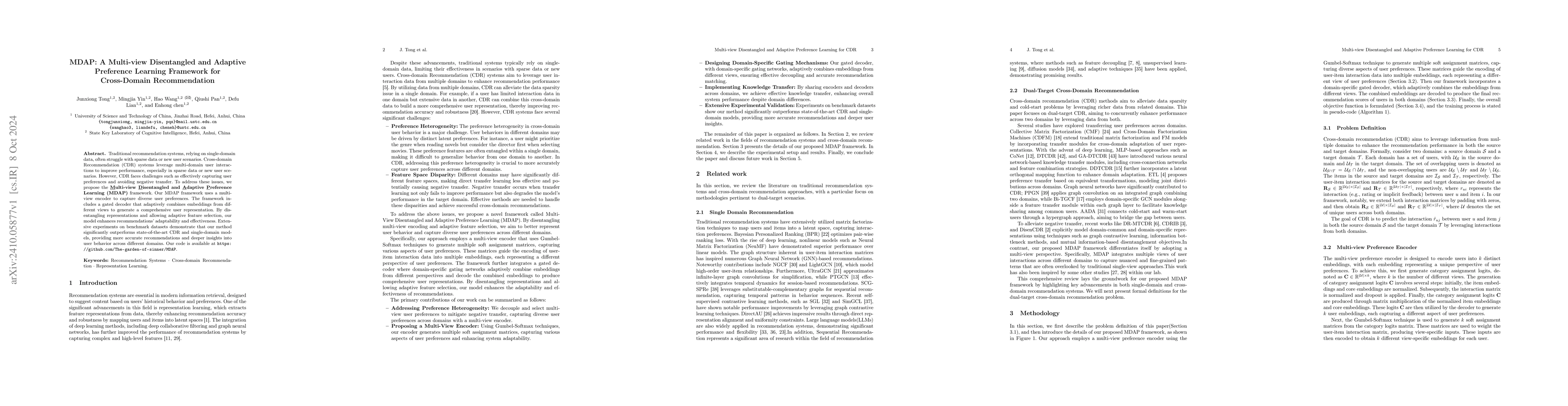 Thumbnail for MDAP: A Multi-view Disentangled and Adaptive Preference Learning
  Framework for Cross-Domain Recommendation