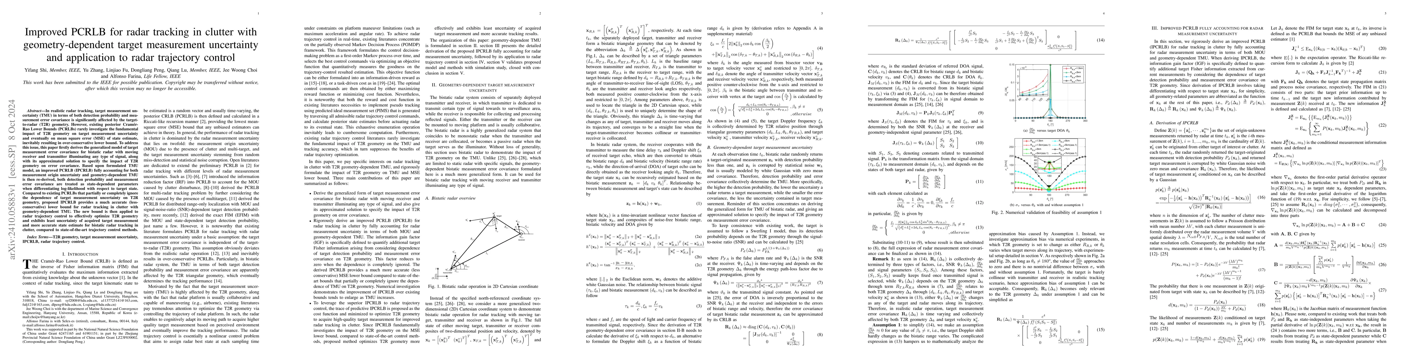 Thumbnail for Improved PCRLB for radar tracking in clutter with geometry-dependent
  target measurement uncertainty and application to radar trajectory control