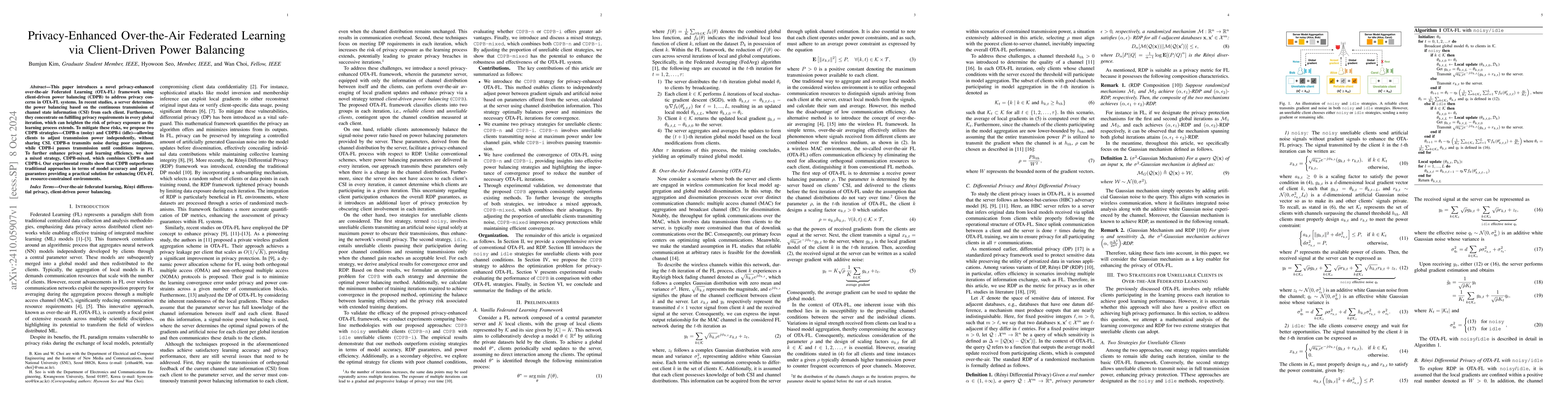 Thumbnail for Privacy-Enhanced Over-the-Air Federated Learning via Client-Driven Power
  Balancing