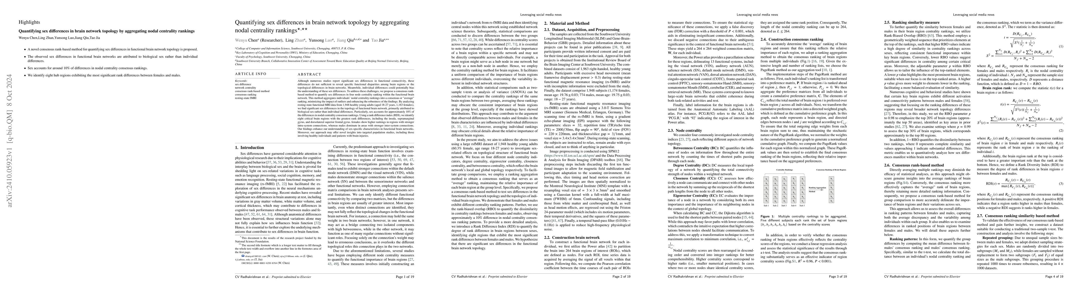 Thumbnail for Quantifying sex differences in brain network topology by aggregating
  nodal centrality rankings
