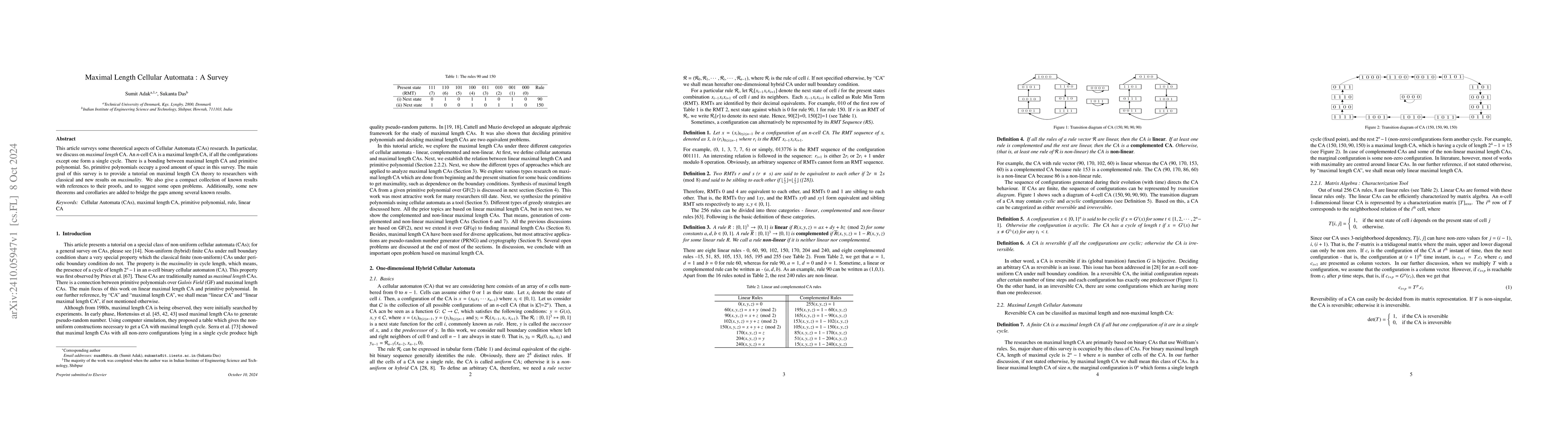 Thumbnail for Maximal Length Cellular Automata : A Survey