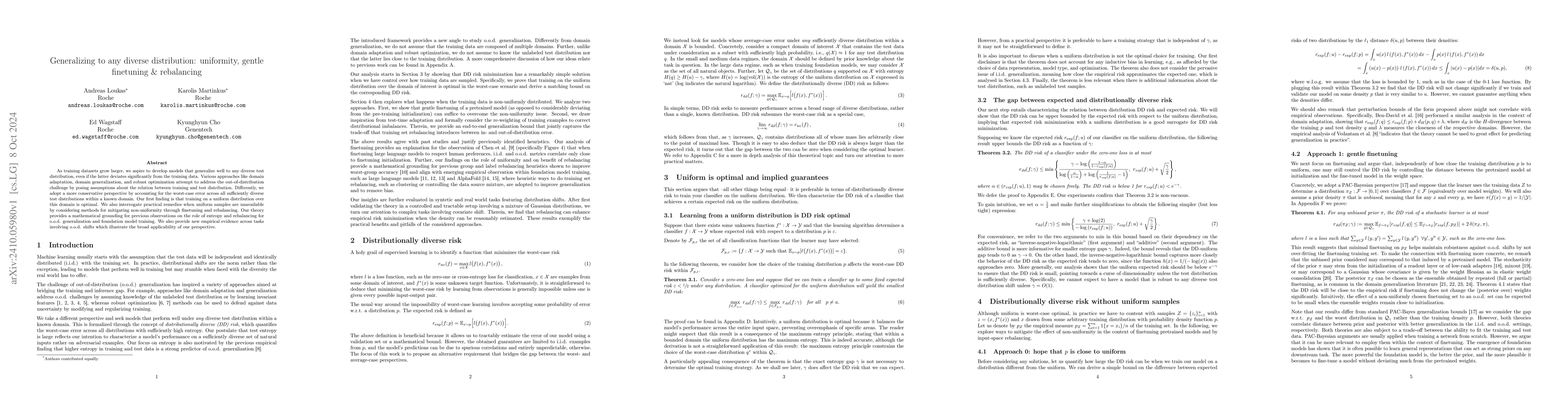 Thumbnail for Generalizing to any diverse distribution: uniformity, gentle finetuning
  and rebalancing