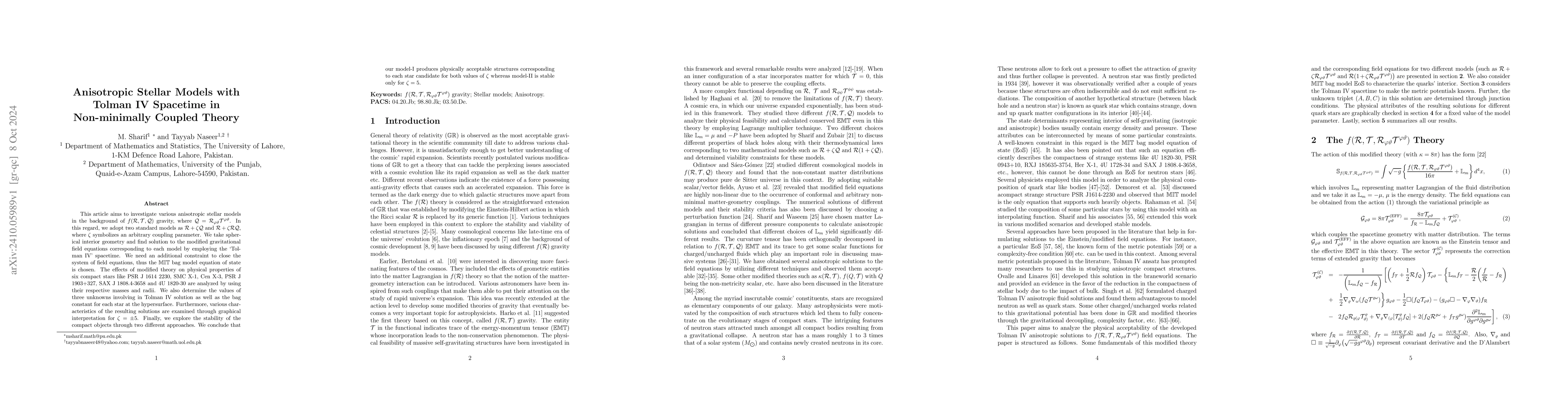 Thumbnail for Anisotropic Stellar Models with Tolman IV Spacetime in Non-minimally
  Coupled Theory