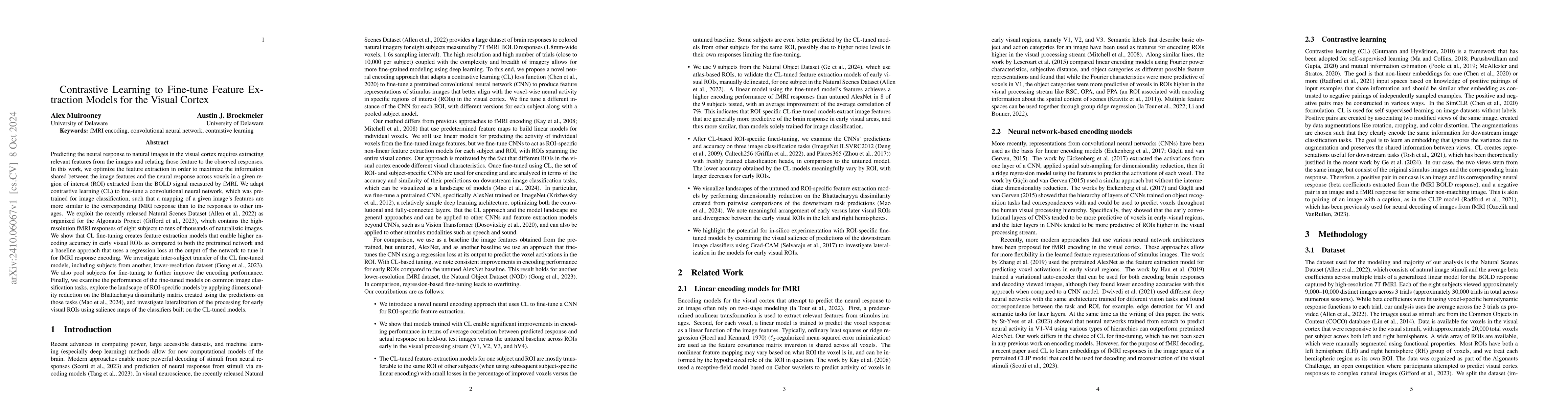 Thumbnail for Contrastive Learning to Fine-Tune Feature Extraction Models for the
  Visual Cortex