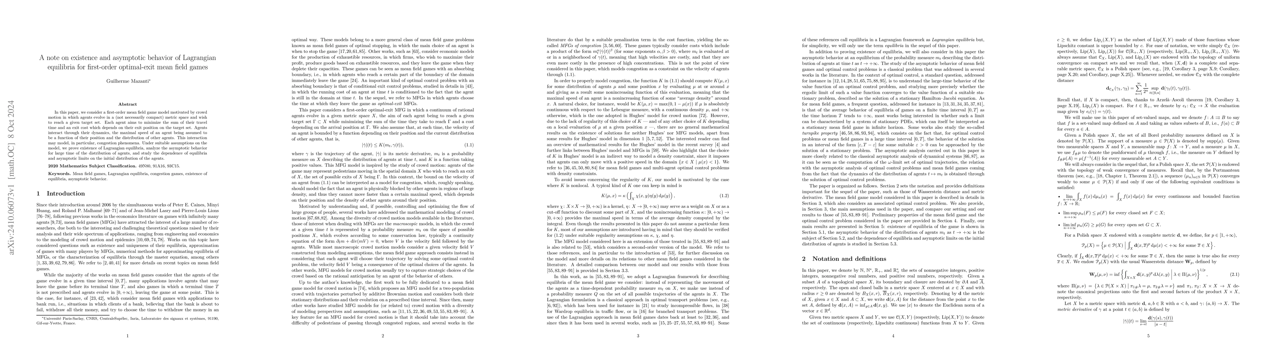 Thumbnail for A note on existence and asymptotic behavior of Lagrangian equilibria for
  first-order optimal-exit mean field games