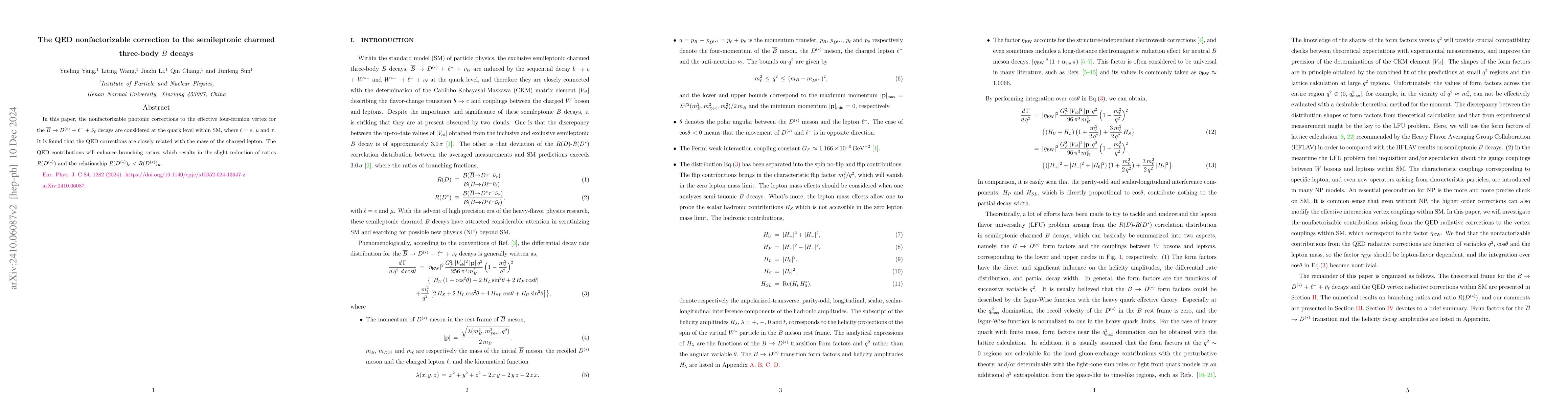 Thumbnail for The QED nonfactorizable correction to the semileptonic charmed
  three-body $B$ decays