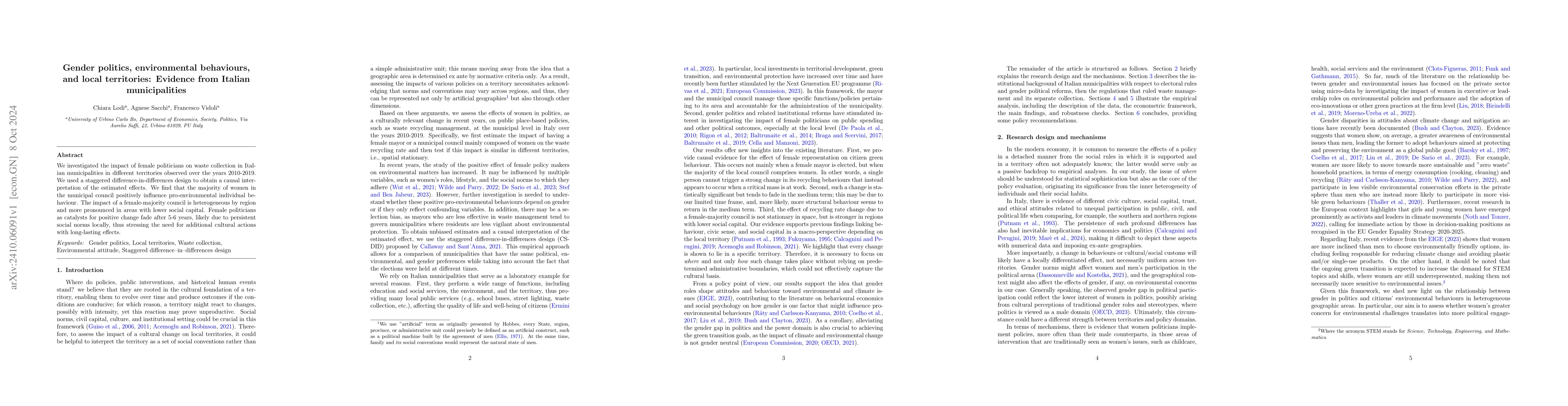 Thumbnail for Gender politics, environmental behaviours, and local territories:
  Evidence from Italian municipalities