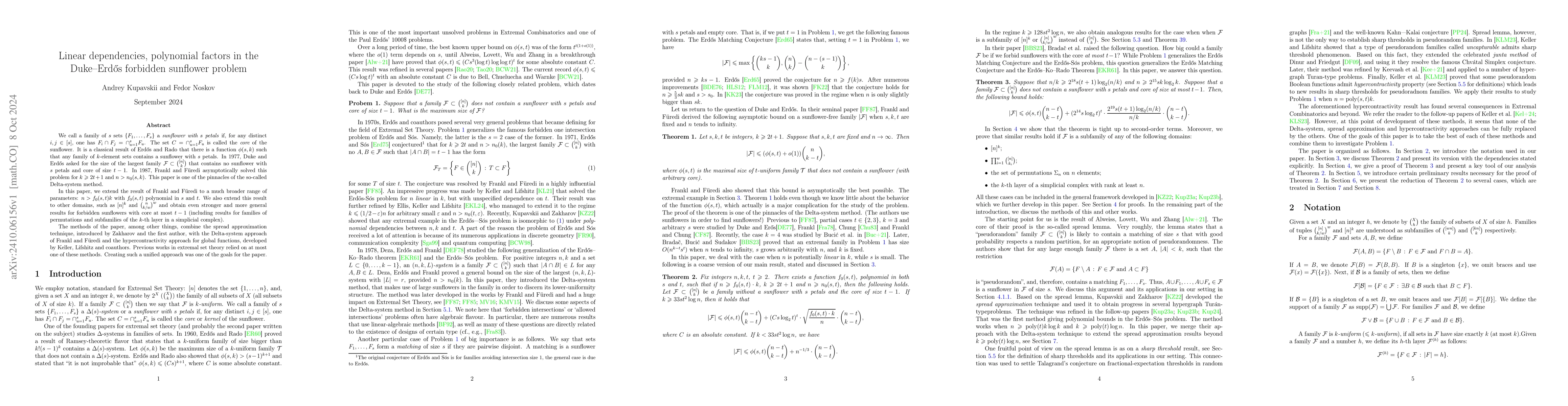 Thumbnail for Linear dependencies, polynomial factors in the Duke--Erd\H os forbidden
  sunflower problem