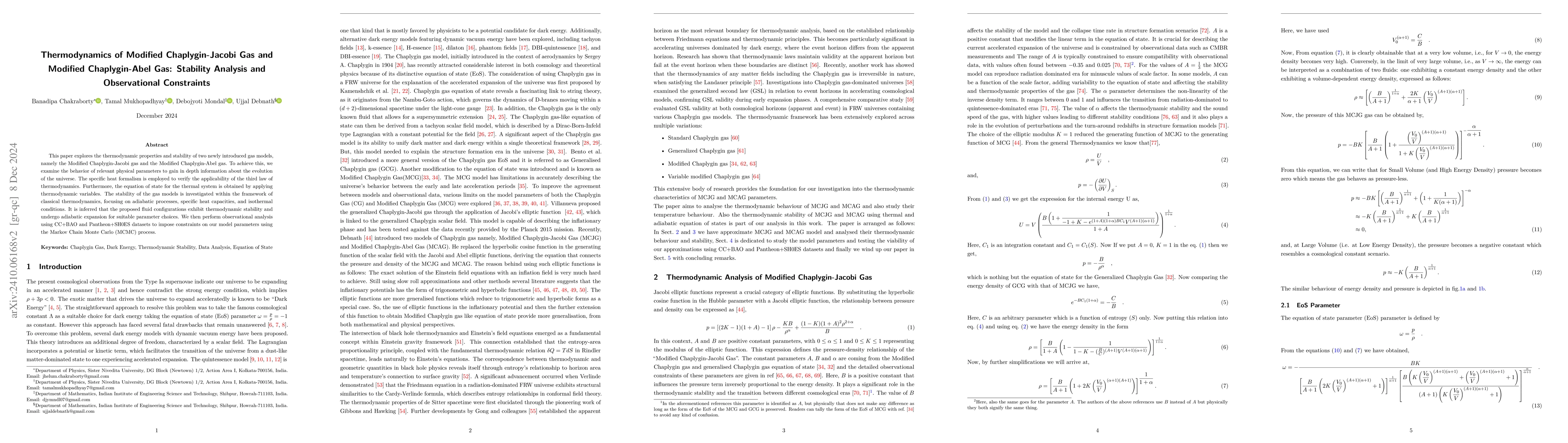 Thumbnail for Thermodynamics of Modified Chaplygin-Jacobi Gas and Modified
  Chaplygin-Abel Gas: Stability Analysis and Observational Constraints