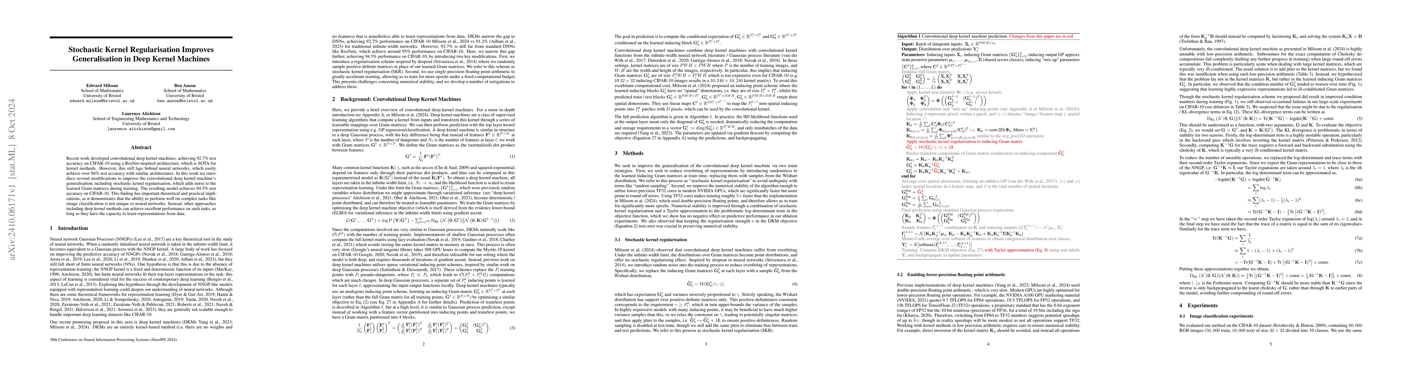Thumbnail for Stochastic Kernel Regularisation Improves Generalisation in Deep Kernel
  Machines