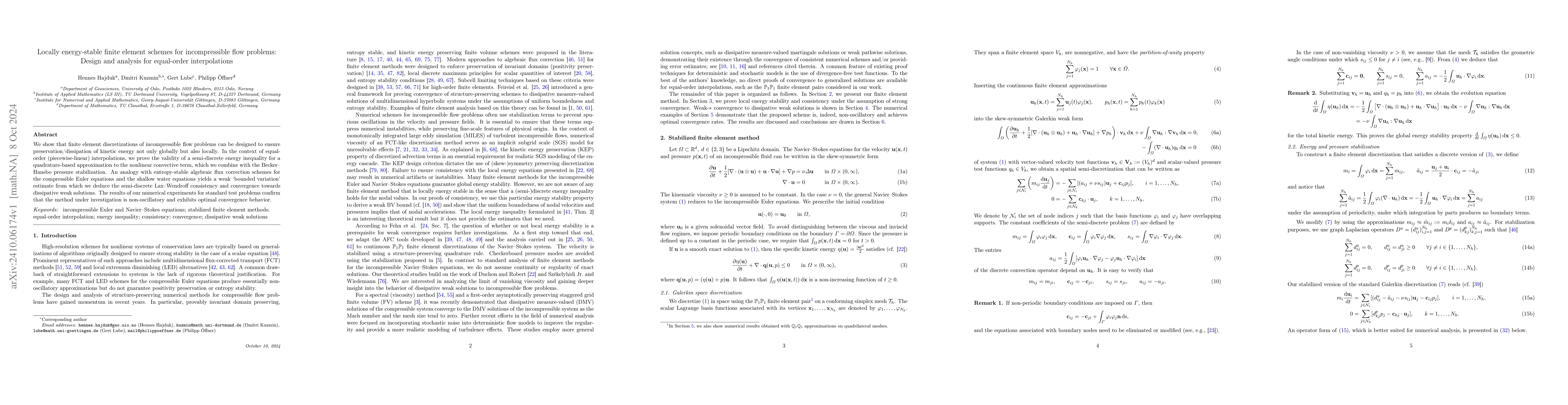 Thumbnail for Locally energy-stable finite element schemes for incompressible flow
  problems: Design and analysis for equal-order interpolations