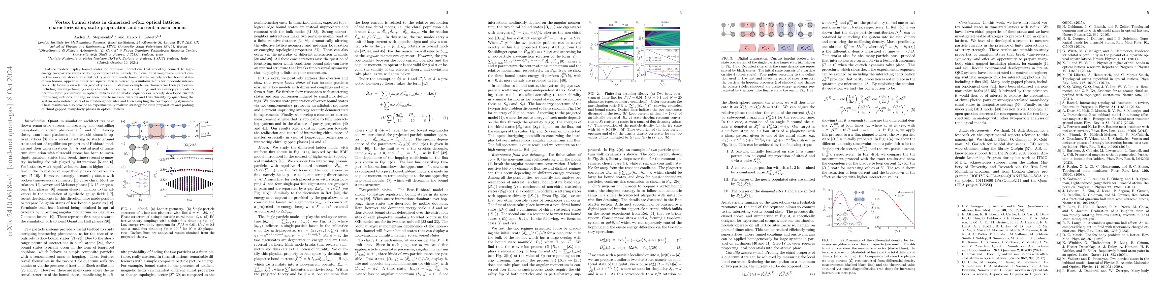 Thumbnail for Vortex bound states in dimerized $π$-flux optical lattices:
  characterization, state preparation and current measurement
