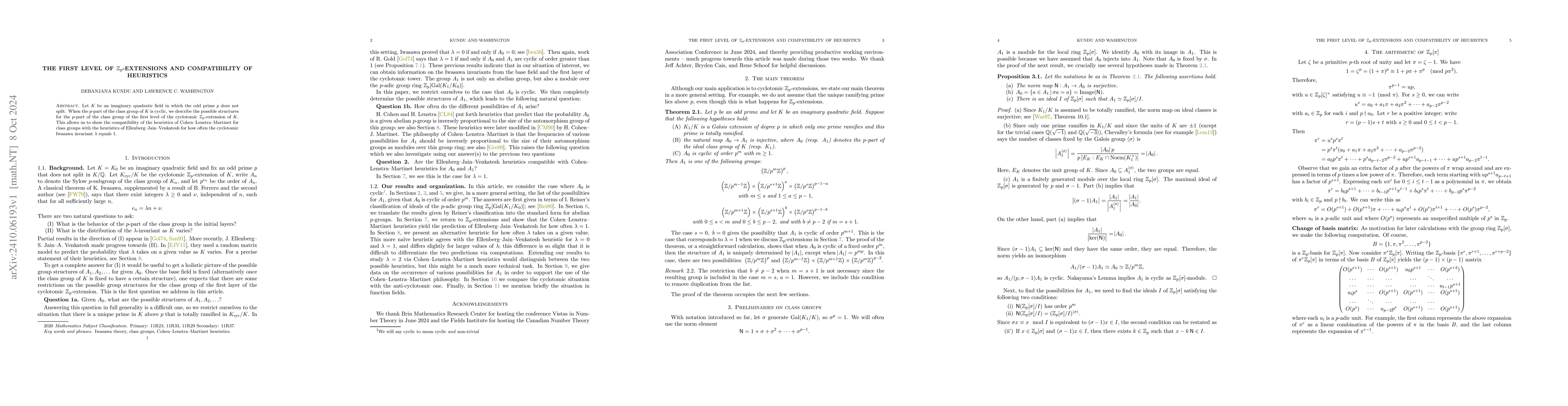 Thumbnail for The first level of $\mathbb{Z}_p$-extensions and compatibility of
  heuristics