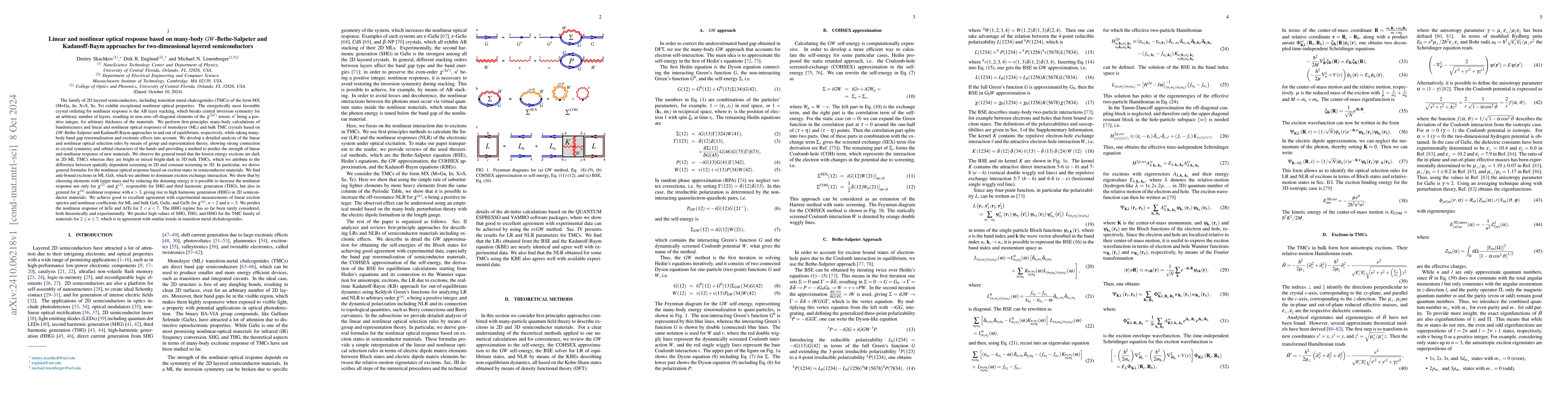 Thumbnail for Linear and nonlinear optical response based on many-body
  GW-Bethe-Salpeter and Kadanoff-Baym approaches for two-dimensional layered
  semiconductors