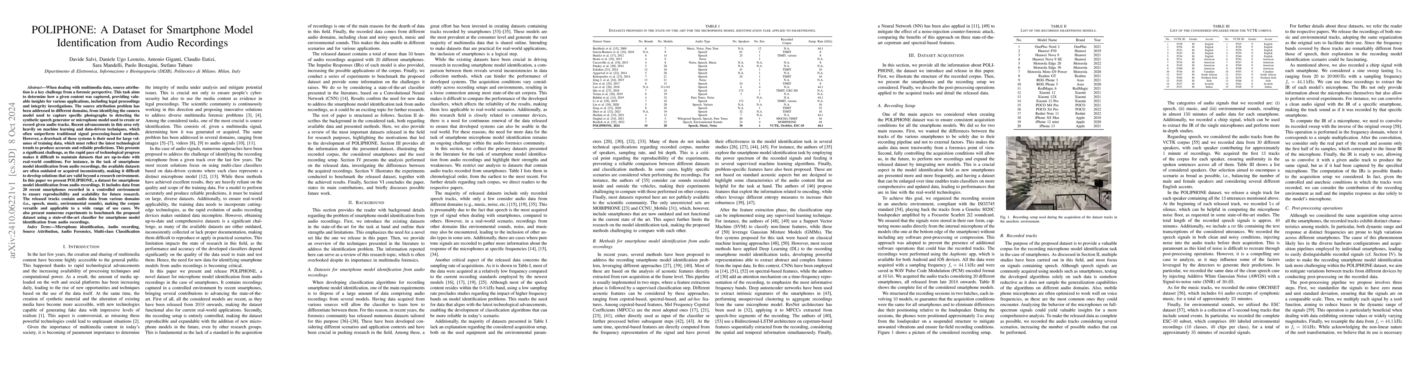 Thumbnail for POLIPHONE: A Dataset for Smartphone Model Identification from Audio
  Recordings