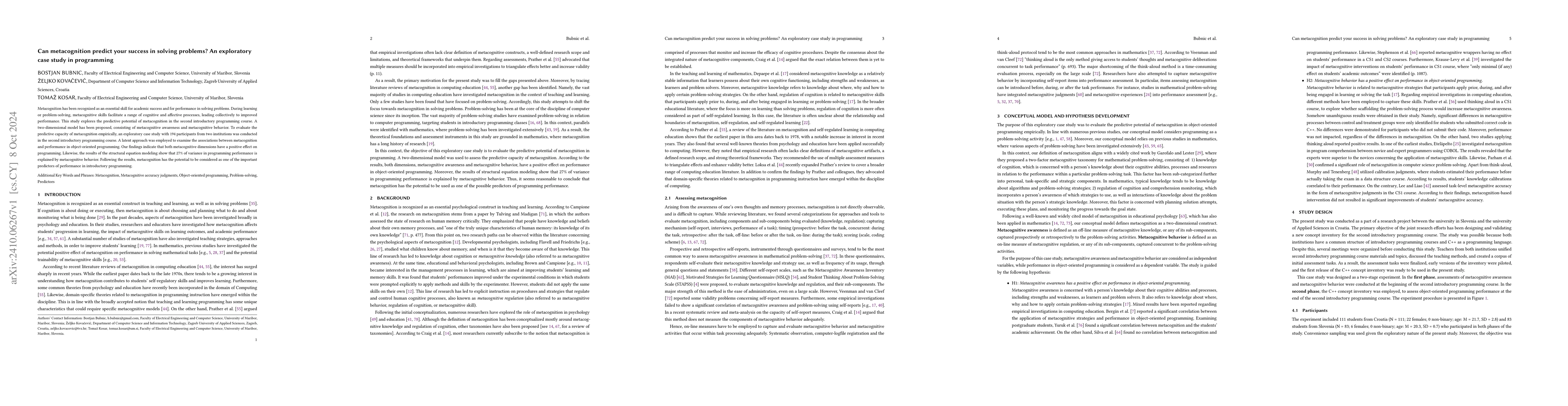 Thumbnail for Can metacognition predict your success in solving problems? An
  exploratory case study in programming