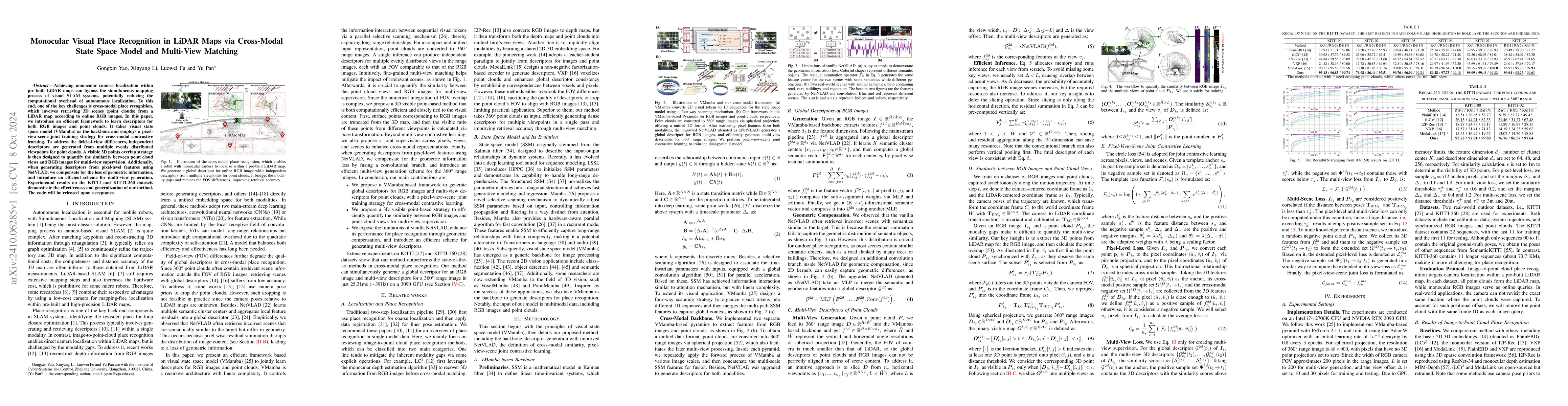 Thumbnail for Monocular Visual Place Recognition in LiDAR Maps via Cross-Modal State
  Space Model and Multi-View Matching