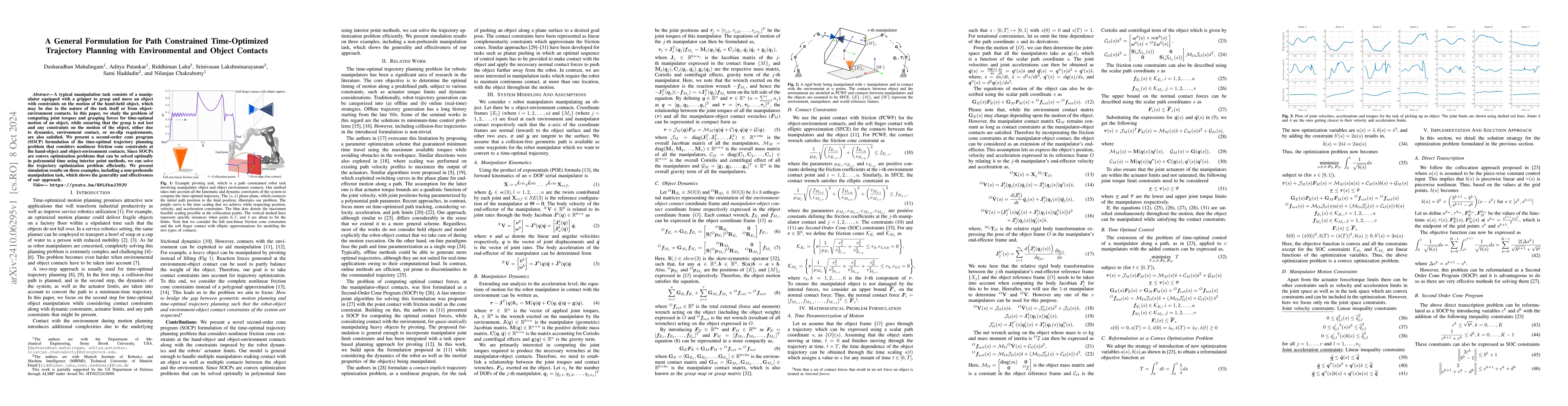 Thumbnail for A General Formulation for Path Constrained Time-Optimized Trajectory
  Planning with Environmental and Object Contacts
