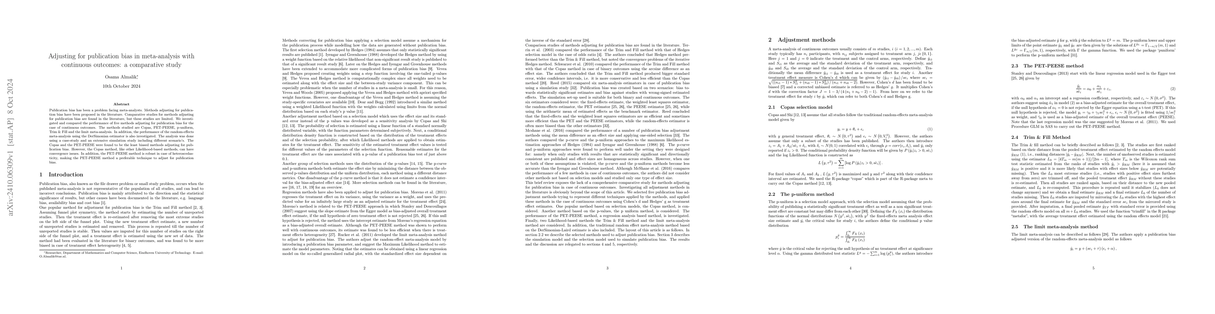 Thumbnail for Adjusting for publication bias in meta-analysis with continuous
  outcomes: a comparative study