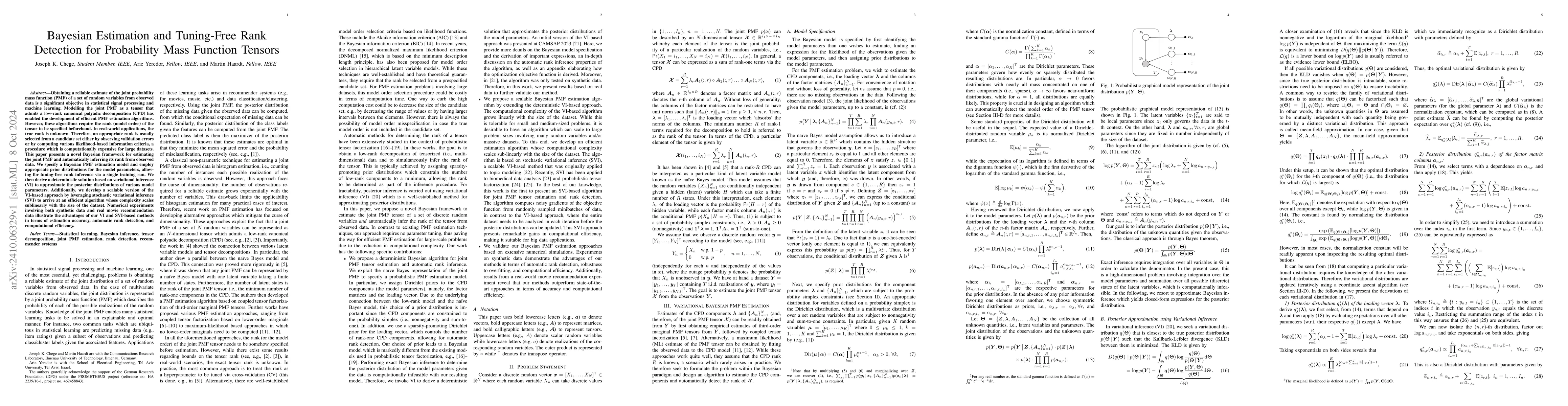 Thumbnail for Bayesian Estimation and Tuning-Free Rank Detection for Probability Mass
  Function Tensors