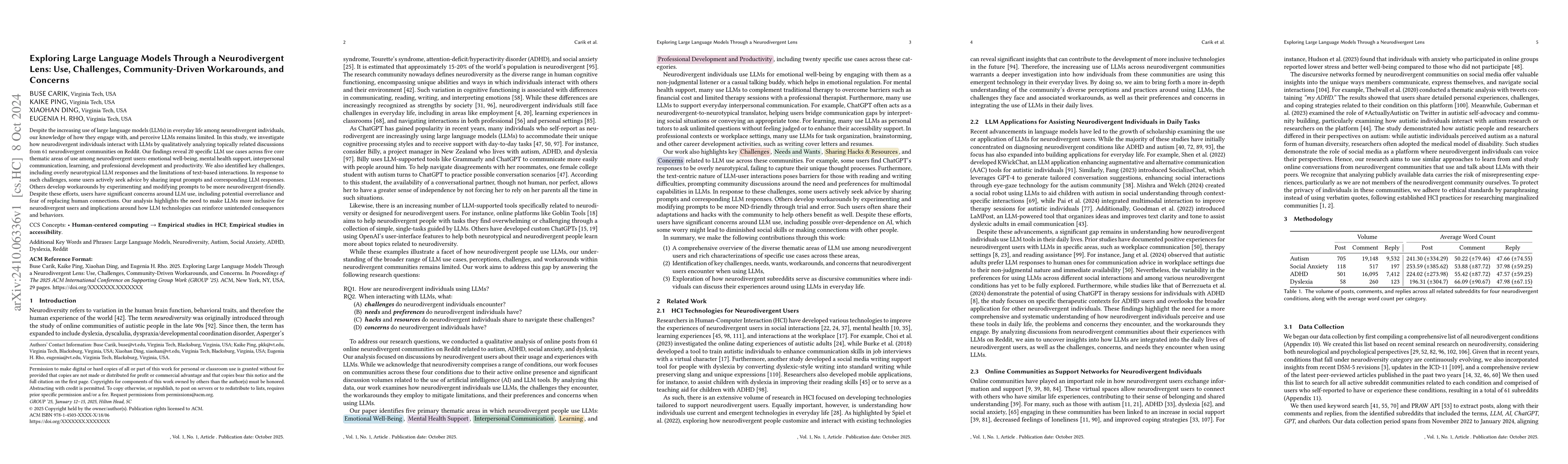 Thumbnail for Exploring Large Language Models Through a Neurodivergent Lens: Use,
  Challenges, Community-Driven Workarounds, and Concerns
