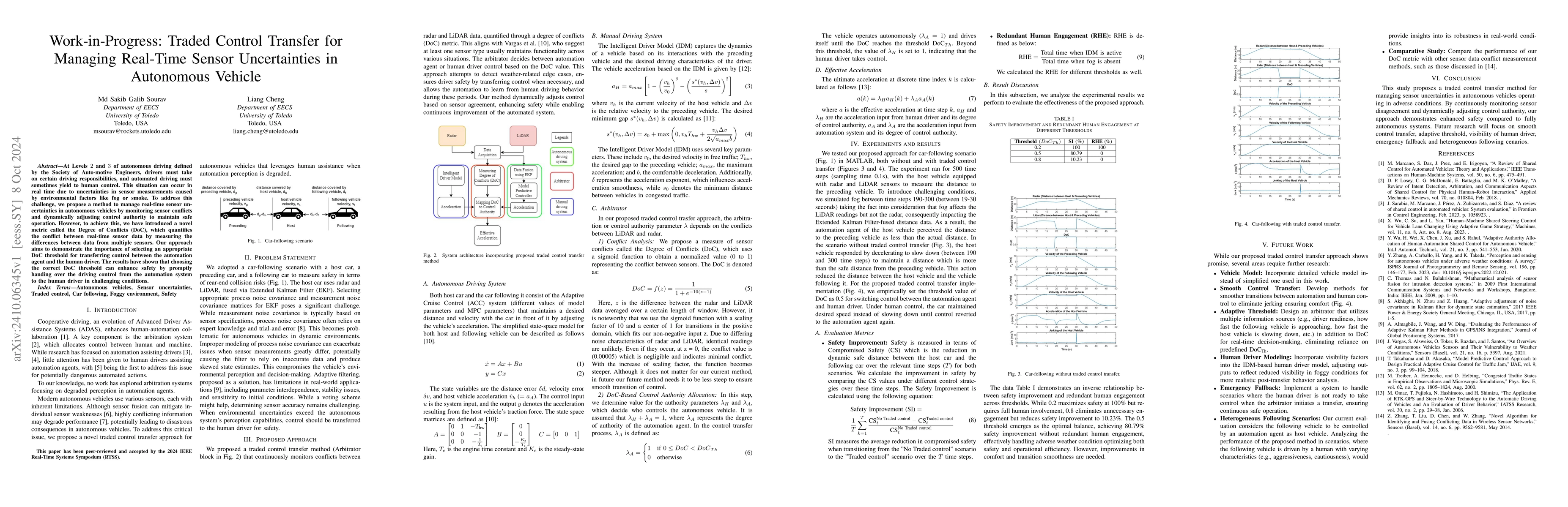 Thumbnail for Work-in-Progress: Traded Control Transfer for Managing Real-Time Sensor
  Uncertainties in Autonomous Vehicle