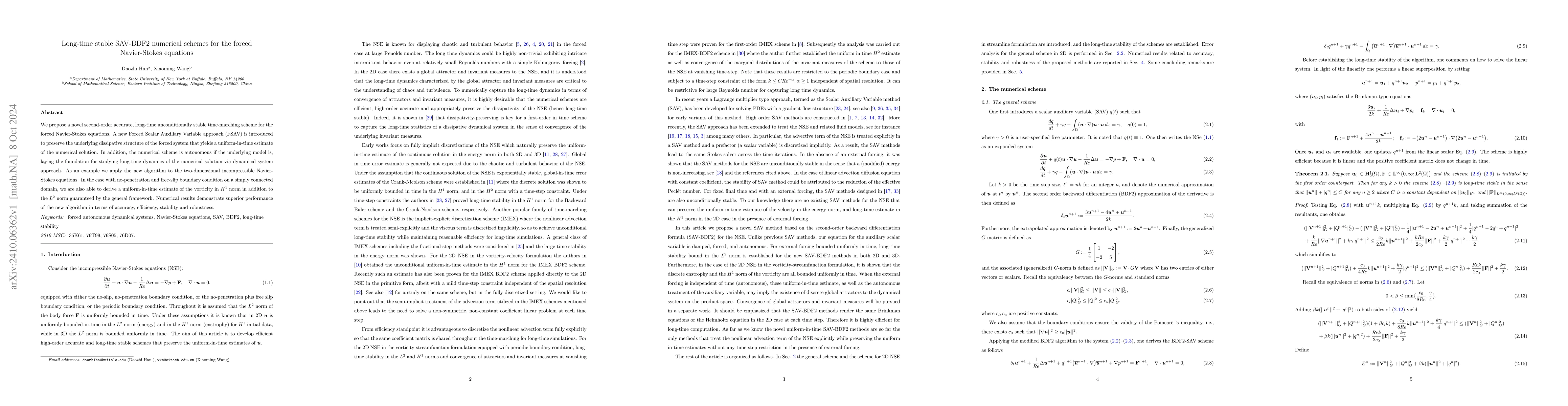 Thumbnail for Long-time stable SAV-BDF2 numerical schemes for the forced Navier-Stokes
  equations