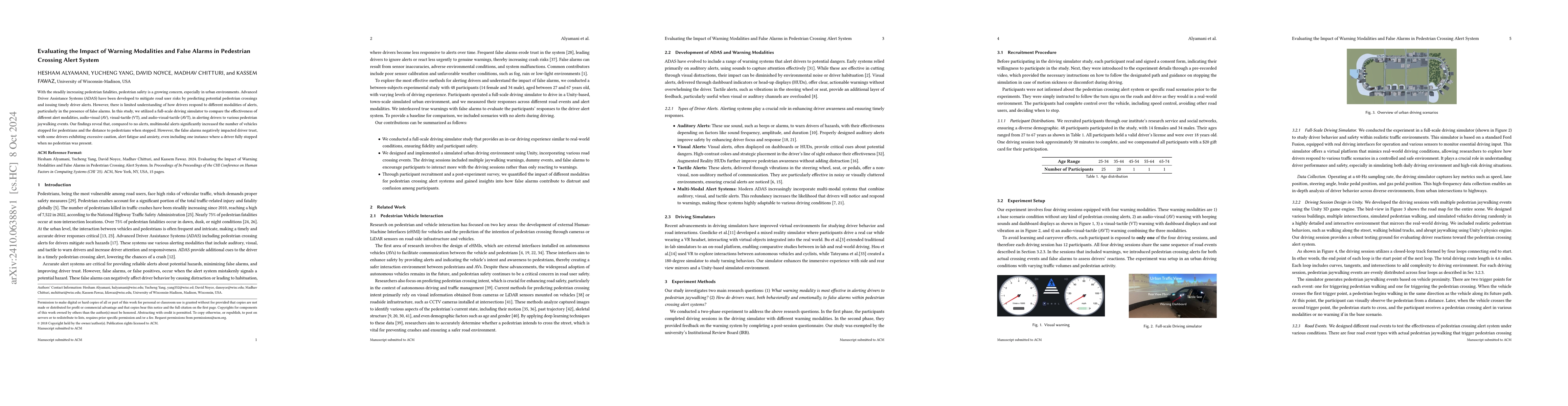 Thumbnail for Evaluating the Impact of Warning Modalities and False Alarms in
  Pedestrian Crossing Alert System