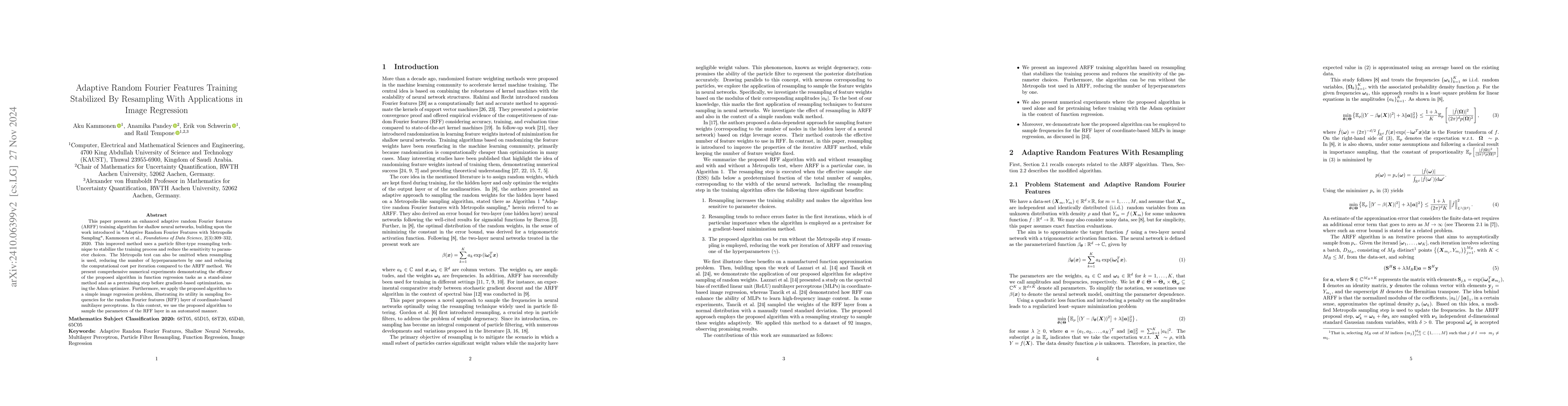 Thumbnail for Adaptive Random Fourier Features Training Stabilized By Resampling With
  Applications in Image Regression