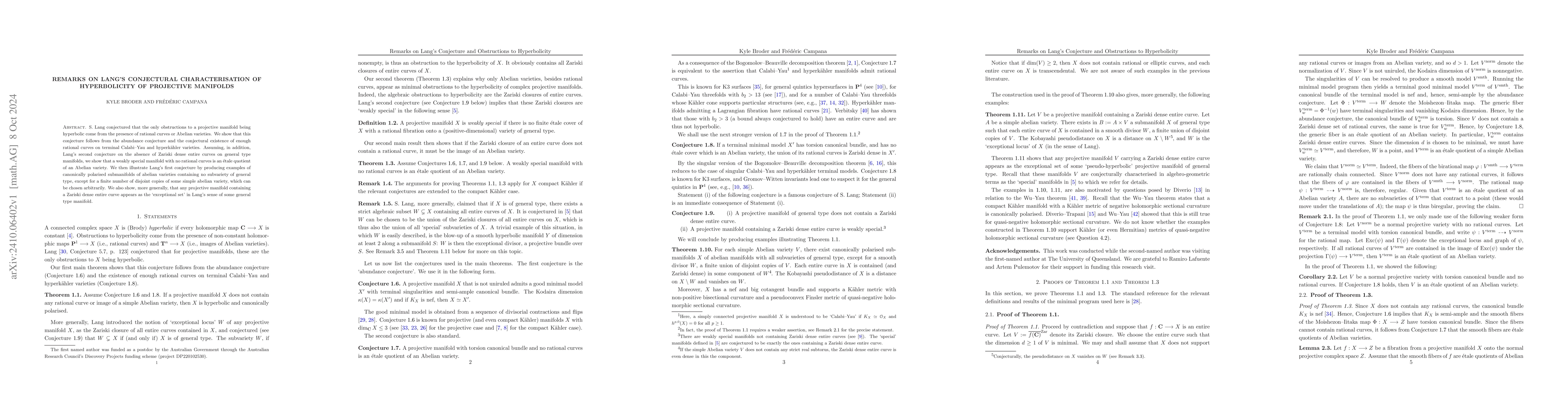 Thumbnail for Remarks on Lang's Conjectural Characterisation of Hyperbolicity of
  Projective Manifolds