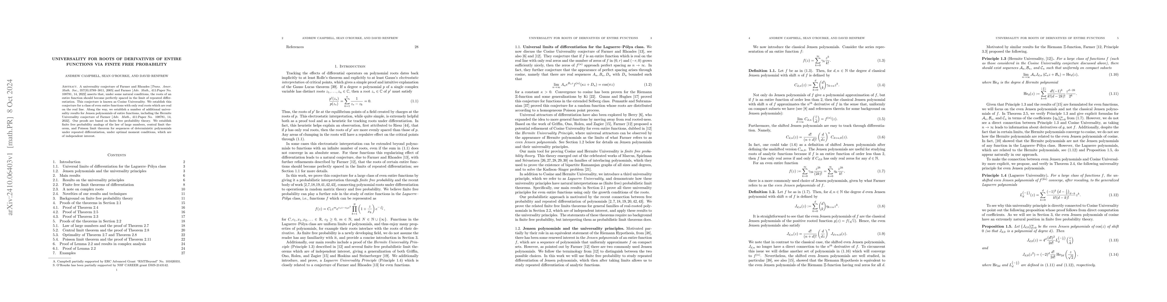 Thumbnail for Universality for roots of derivatives of entire functions via finite
  free probability