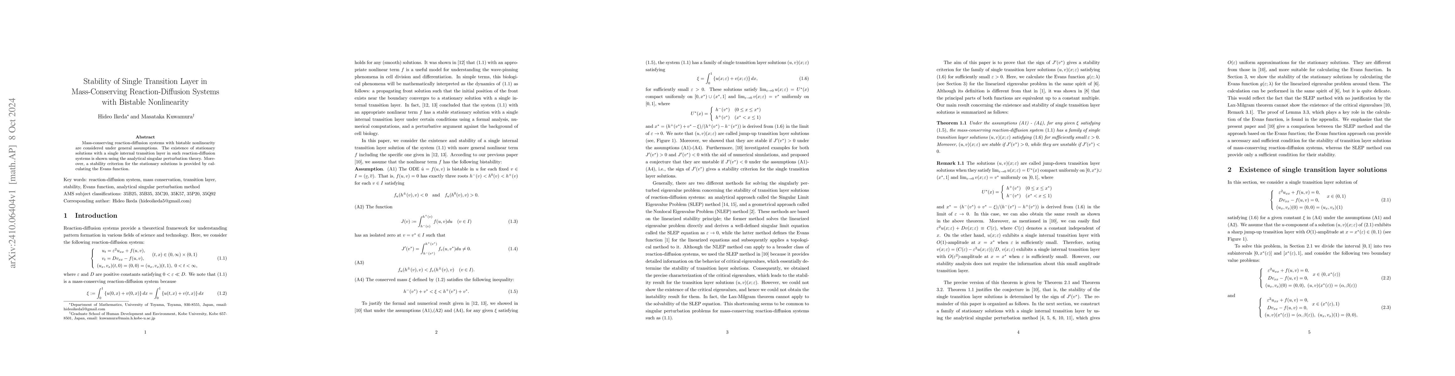 Thumbnail for Stability of Single Transition Layer in Mass-Conserving
  Reaction-Diffusion Systems with Bistable Nonlinearity