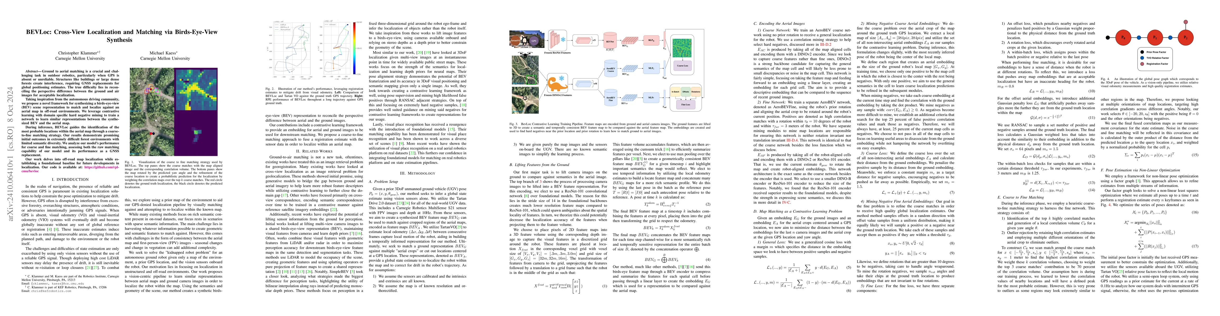 Thumbnail for BEVLoc: Cross-View Localization and Matching via Birds-Eye-View
  Synthesis