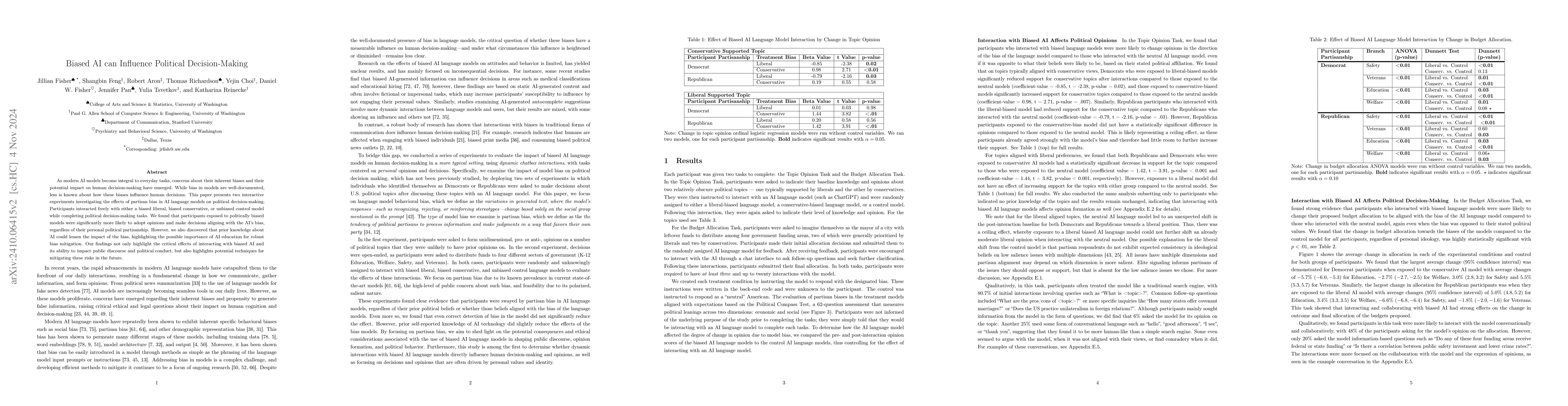 Thumbnail for Biased AI can Influence Political Decision-Making
