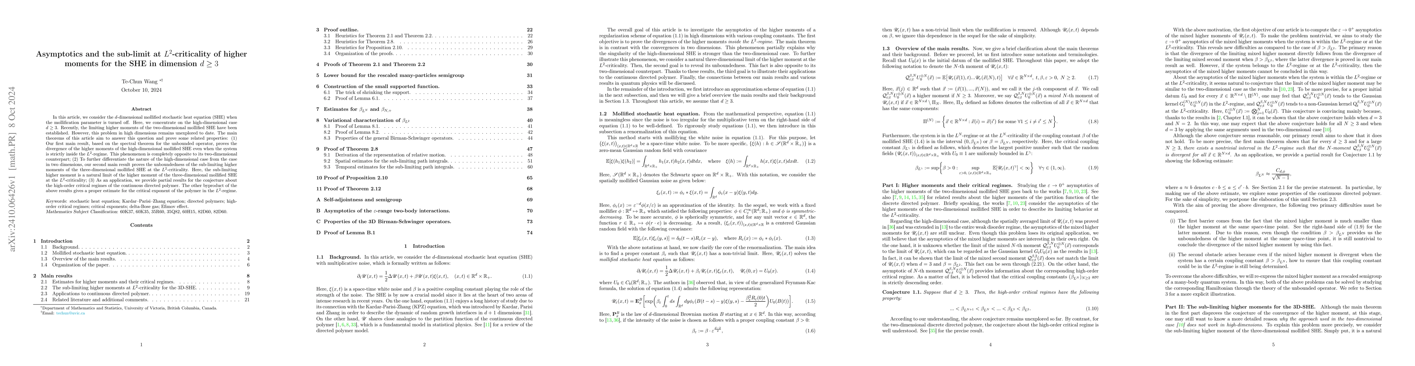Thumbnail for Asymptotics and the sub-limit at $L^{2}$-criticality of higher moments
  for the SHE in dimension $d\geq 3$