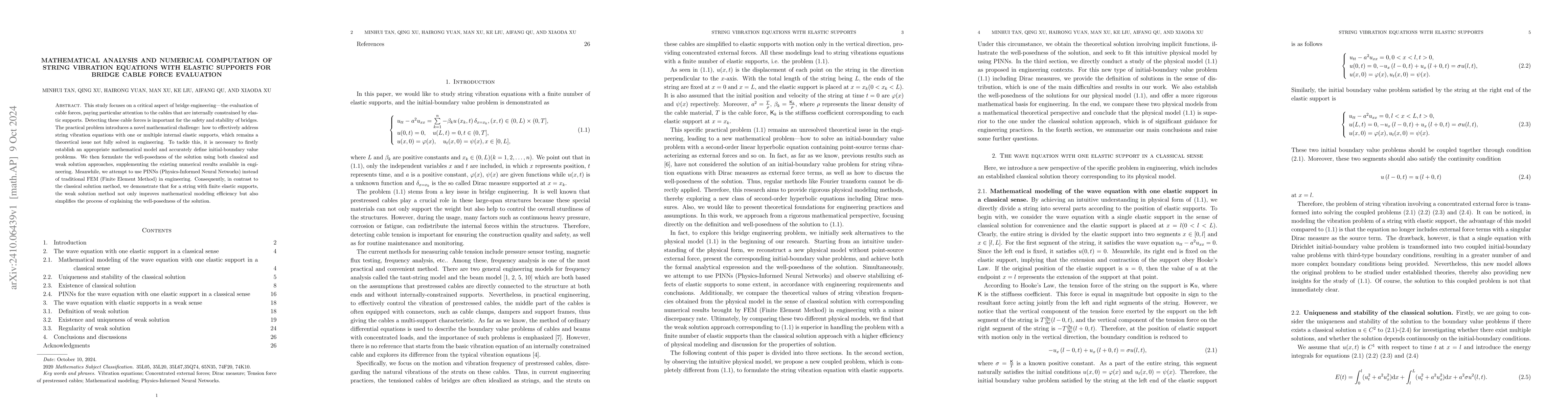 Thumbnail for Mathematical Analysis and Numerical Computation of String Vibration
  Equations with Elastic Supports for Bridge Cable Force Evaluation