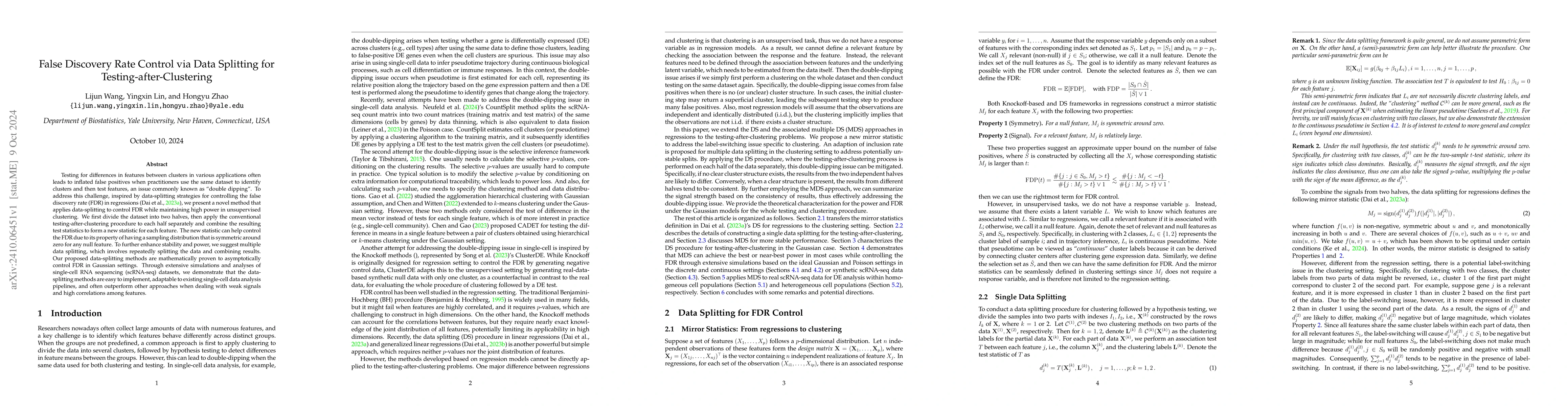 Thumbnail for False Discovery Rate Control via Data Splitting for
  Testing-after-Clustering
