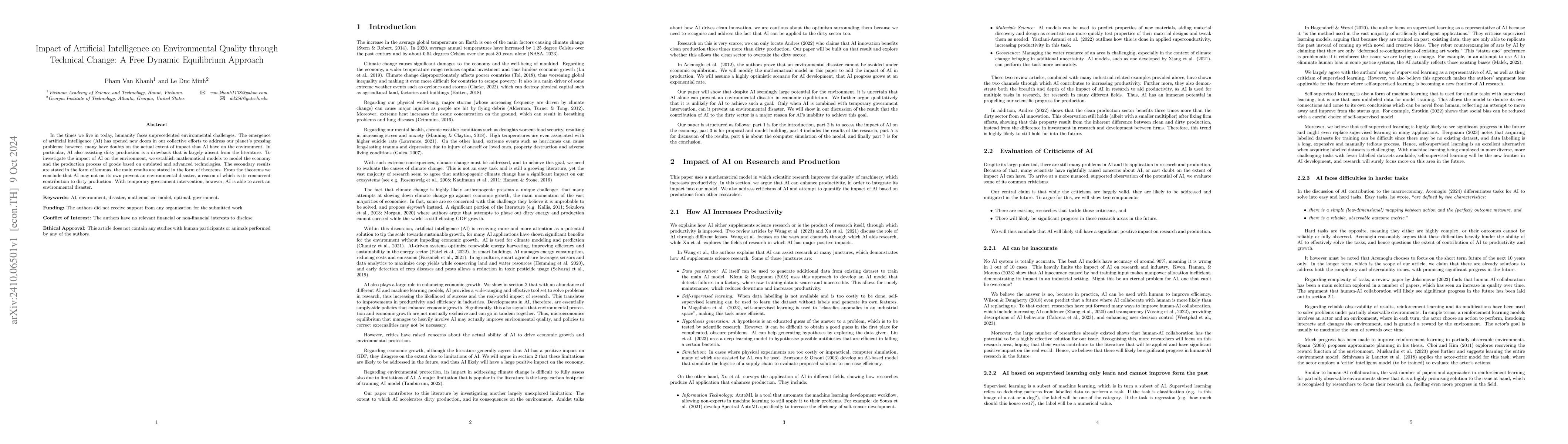 Thumbnail for Impact of Artificial Intelligence on Environmental Quality through
  Technical Change: A Free Dynamic Equilibrium Approach