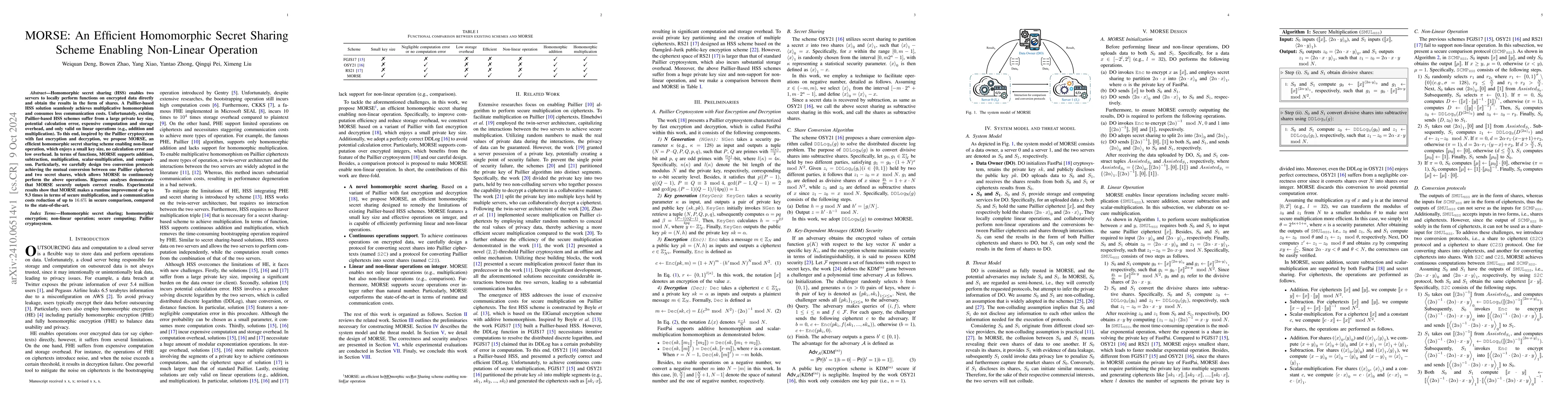 Thumbnail for MORSE: An Efficient Homomorphic Secret Sharing Scheme Enabling
  Non-Linear Operation