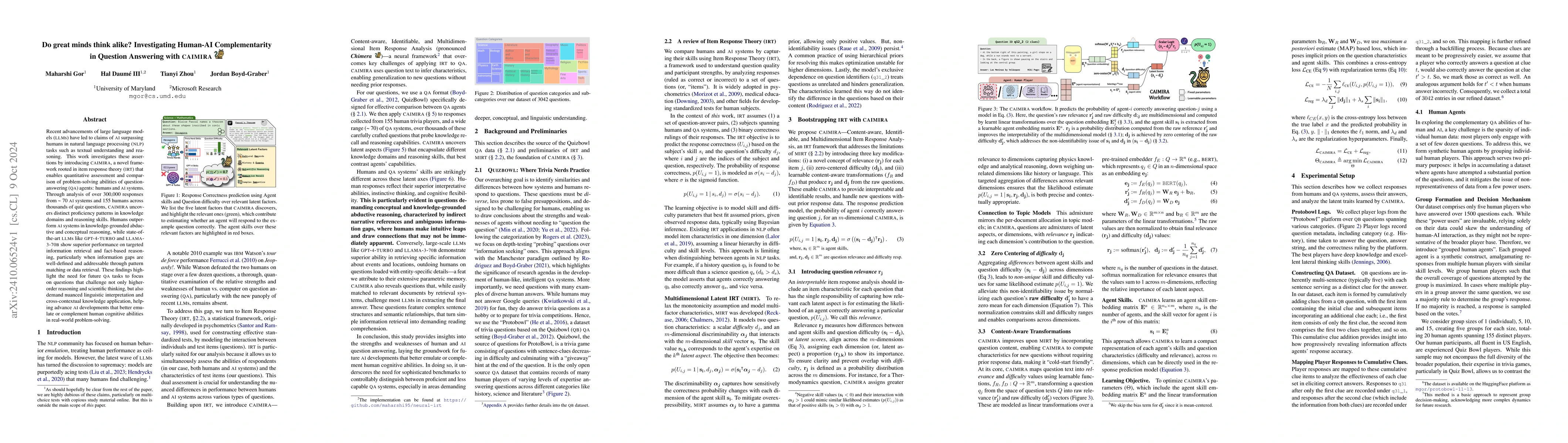 Thumbnail for Do great minds think alike? Investigating Human-AI Complementarity in
  Question Answering with CAIMIRA