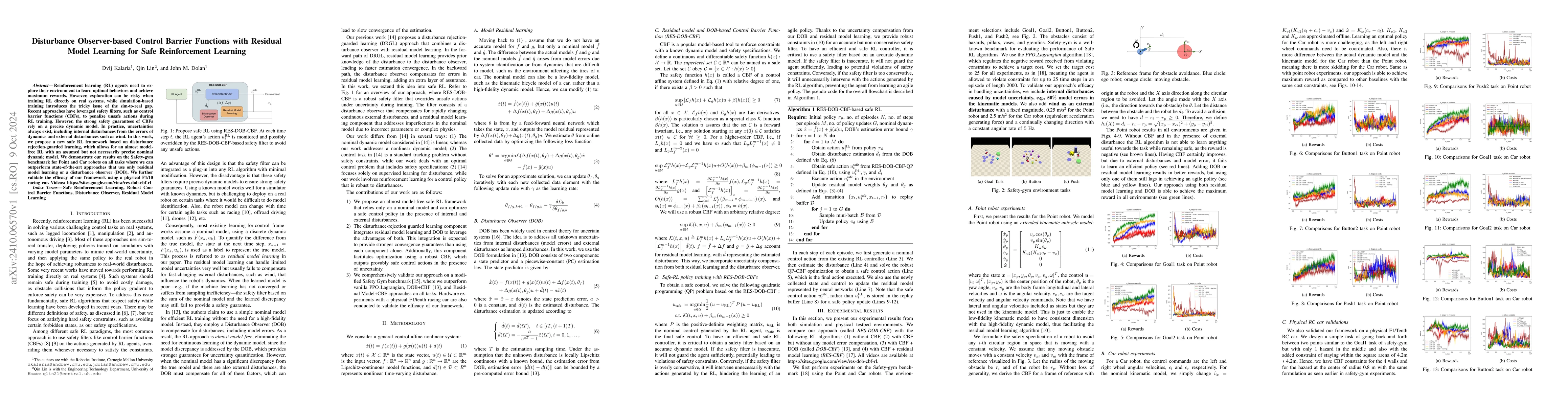 Thumbnail for Disturbance Observer-based Control Barrier Functions with Residual Model
  Learning for Safe Reinforcement Learning