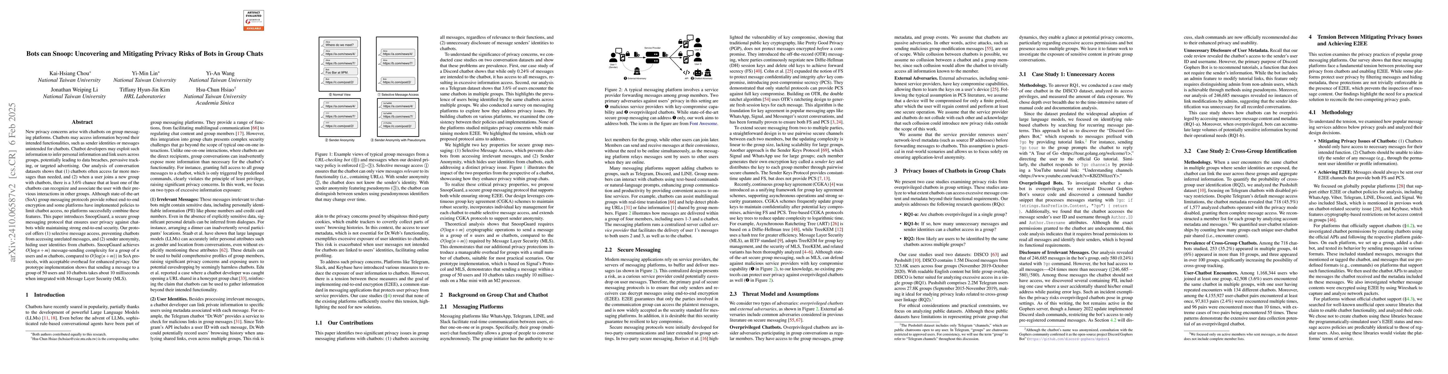 Thumbnail for Bots can Snoop: Uncovering and Mitigating Privacy Risks of Bots in Group
  Chats
